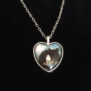 Black Cat and White Owl Art in Glass Dome Pendant Necklace